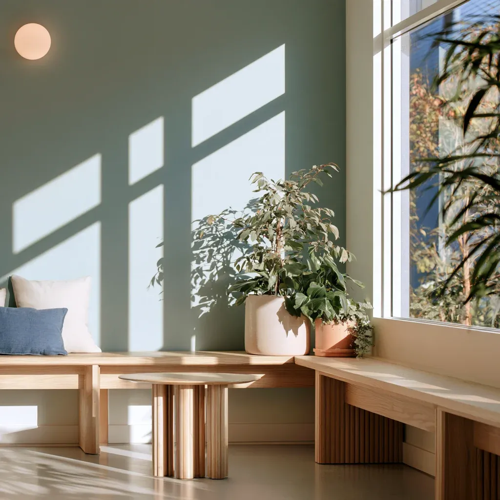 Coin d'attente ensoleillé, avec banquette en bois et plantes