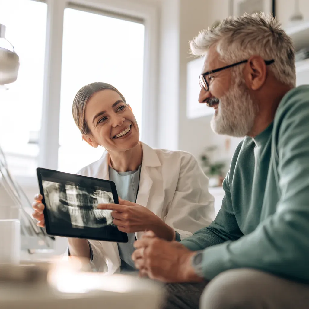 Dentist showing an X-ray on a tablet to a patient